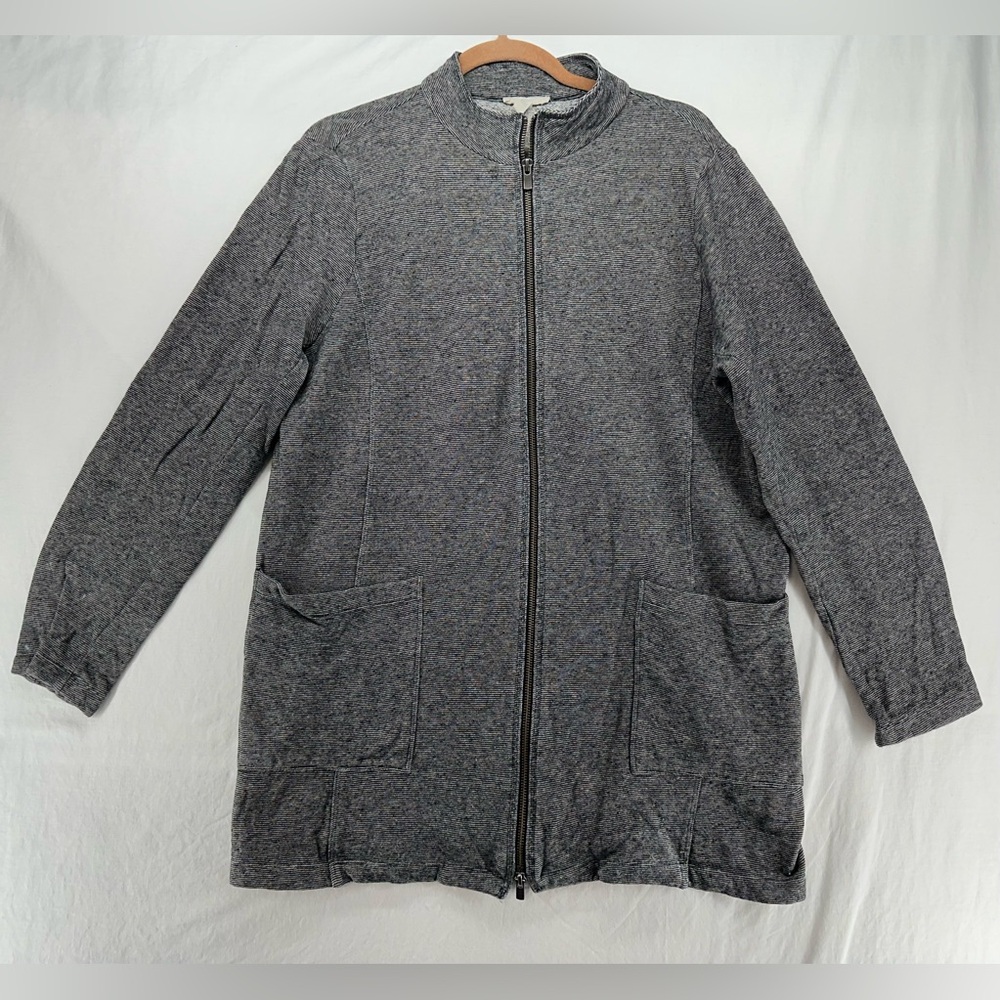 EILEEN FISHER Full 2 Way Zip Long Jacket L Hemp Cotton Black Cream Micro Stripe